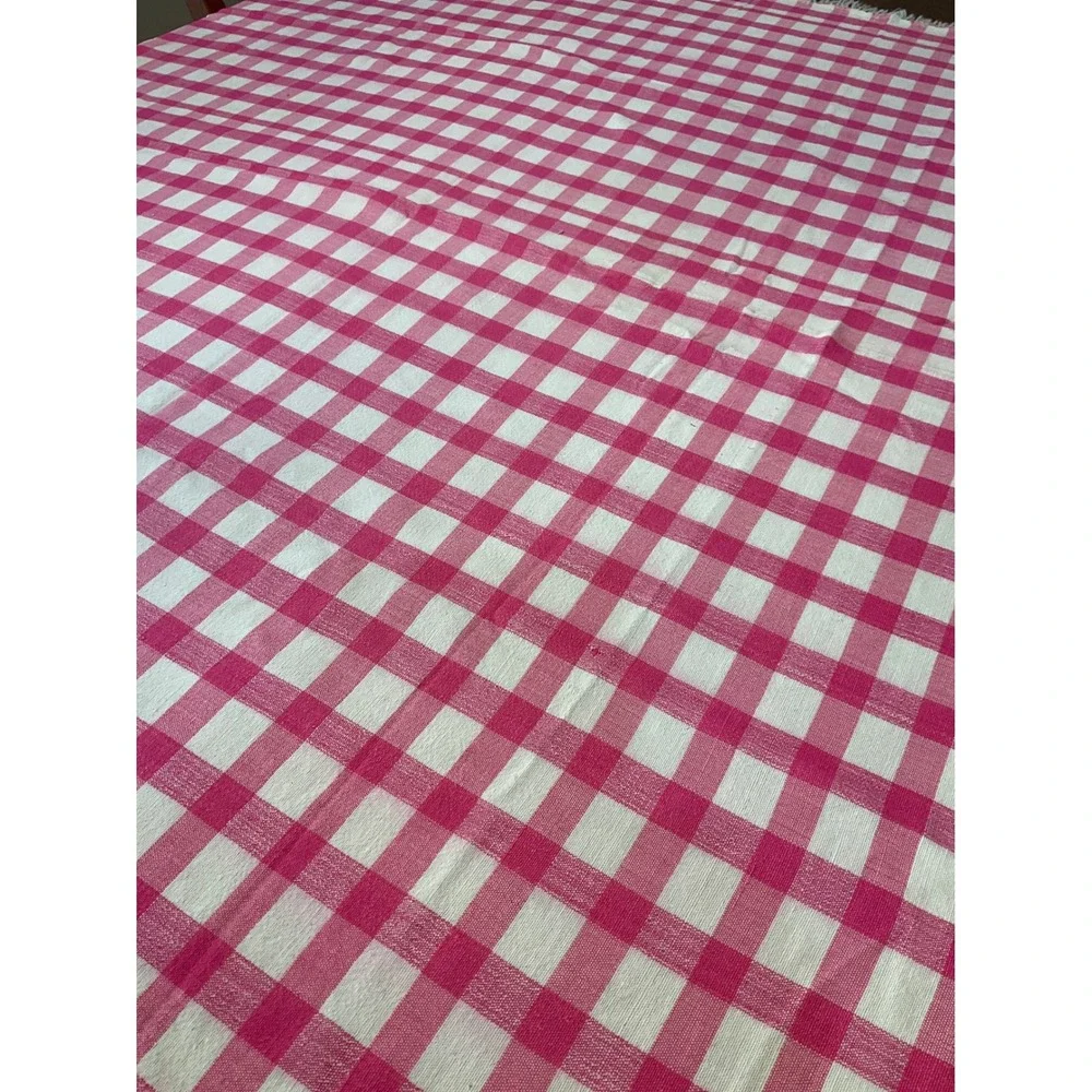 Vtg Pink Tablecloth Gingham Checker Fringe Cottagecore Picnic Country Grannycore